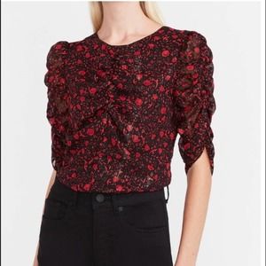 Express Floral Metallic Ruched Sleeve Top Sz M Dressy Holiday